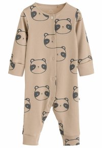 Vaaleanbeige ribbineuleinen haalari, jossa on tummaharmaa pandanaama-kuvio. Pitkät hihat, nepparit edessä ja istuvat hihansuut.