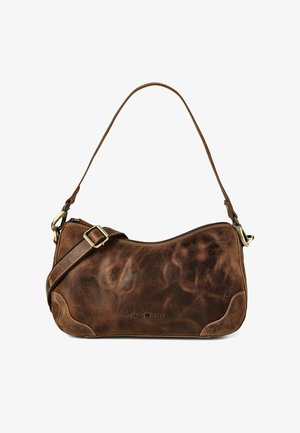 Bolso de hombro de cuero marrón desgastado con correa ajustable y hebilla de metal, borde superior curvado y logotipo Greenburry en relieve en el centro delantero.