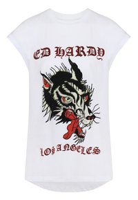 Camiseta blanca con un gráfico de tigre negro y rojo, logo "ED HARDY" en rojo, mangas cortas y diseño de dobladillo redondeado.