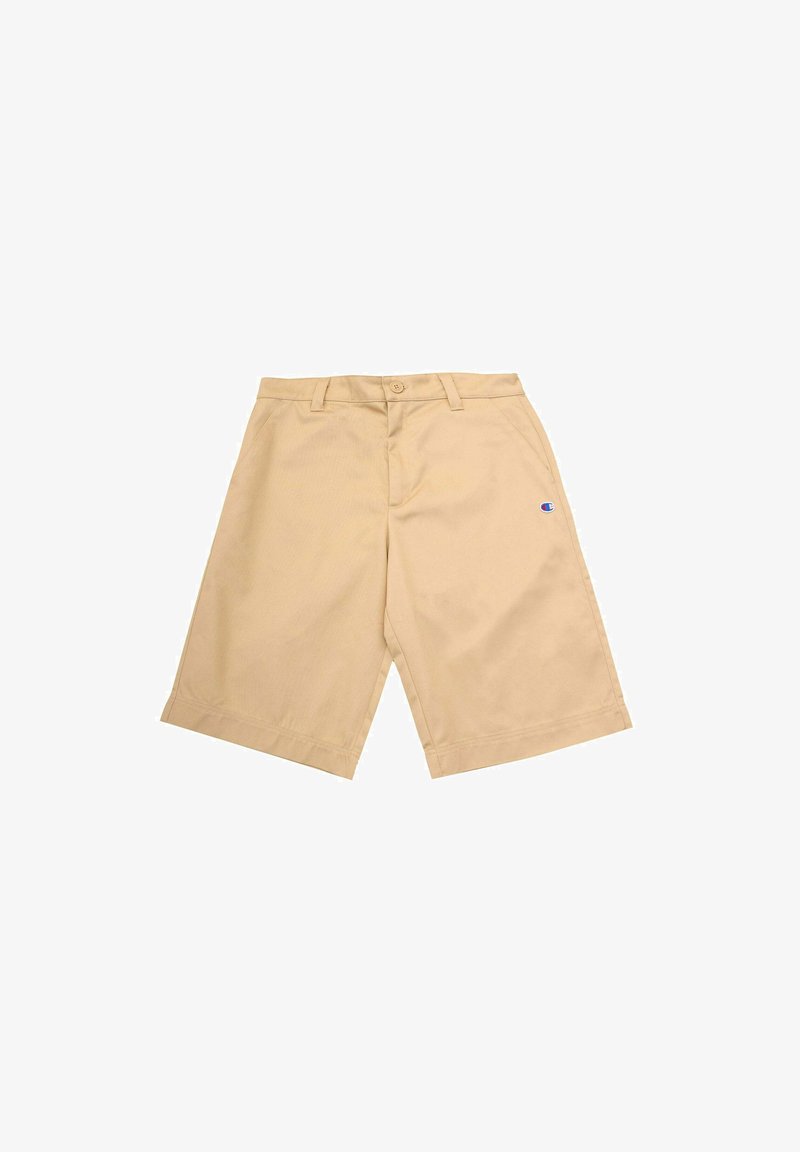 Pantaloni corti in cotone beige con taglio dritto, chiusura con bottone e due tasche laterali. Presenta un piccolo logo blu sul lato sinistro.