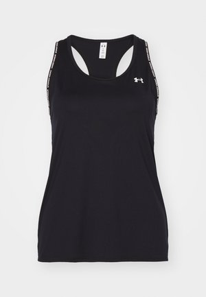 Schwarzes sportliches Tanktop mit rundem Ausschnitt und Racerback-Design. Mit Logo und gemusterten Trägern. Hergestellt aus leichtem, atmungsaktivem Material.