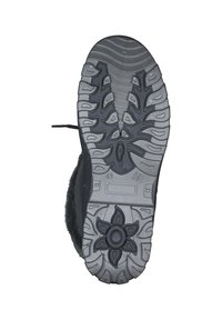 Sorte ruskind støvler med en tekstureret gummisål, der har et blomstertryk mønster, snørebånd og polstret krave for komfort. Størrelse 41.