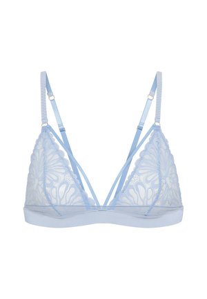 Lichtblauwe kant bralette met een ingewikkeld bloemenpatroon, verstelbare bandjes en een soepele onderband. Beschikt over een triangle cup ontwerp.