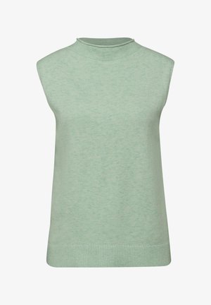 Bezramieniowy sweterek w miętowym kolorze, dziany, z żeberkowym wysokim dekoltem i dołem, zaprojektowany z myślą o dopasowanym kroju.