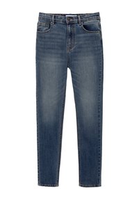 Vaqueros de denim azul oscuro con corte recto, cinco bolsillos y cremallera. La tela presenta un ligero desgaste y detalles de costura sutiles.
