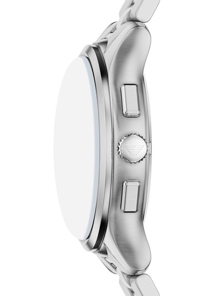 Boîtier de montre en acier inoxydable avec un cadran rond lisse, une grande couronne et deux boutons latéraux. Le design présente une finition polie et un profil élégant.