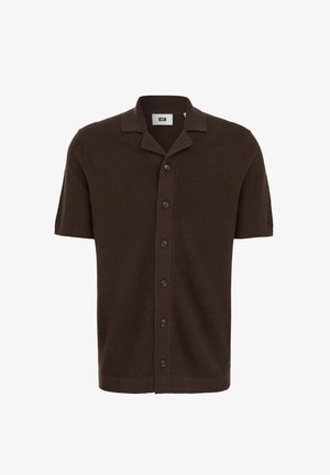 Tumepruun lühikese varrukaga kampsunist nööpidega särk, millel on laagerkaelus ja seitse nööpi esiküljel.