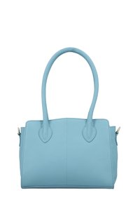 Helles blaues Lederhandtasche mit abgerundeten Griffen, dreieckigen Akzenten, strukturierter Form und sichtbaren Nähten entlang der Nähte. Keine Beschläge.