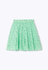 Jupe à motif floral vert avec une taille élastique, présentant un design évasé et un tissu léger, adapté pour les temps chauds.