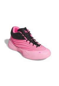 Pink athletic shoe with a sleek design, featuring a black padded collar, textured upper, and black laces. Rubber sole for traction.