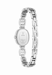 RVS-horloge met een afgeronde kast en een schakelde band. Geborstelde en gepolijste afwerking, met gegraveerd logo op de band.