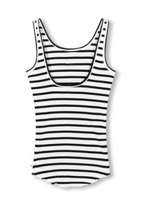 Schwarz-weiß gestreifter Tanktop mit einem runden Ausschnitt, geripptem Textur und breiten Trägern. Abgerundeter Saum am Boden.