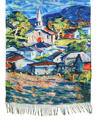 Sciarpa colorata intrecciata che raffigura una scena di un villaggio con una chiesa, case e alberi. Presenta orli frangiati e un design testurizzato e stratificato.