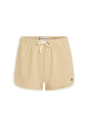 Bež mrežasti kratke hlače z elastičnim pasom, nastavljivo vrvico in kontrastnim belim robom na strani. Na levi spodnji strani je logotip.