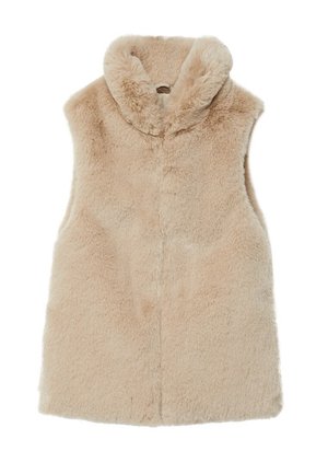 Beżowa kamizelka z futerka syntetycznego z wysokim kołnierzem, bez rękawów, o miękkiej fakturze i gładkim wykończeniu. Posiada detal w postaci szwu z przodu.