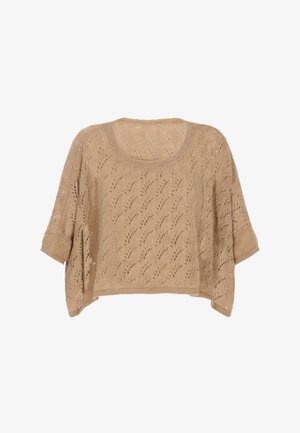 Pulover tricotat scurt, de culoare bej deschis, cu o croială lejeră, mâneci scurte și un model deschis delicat pe întreaga suprafață.