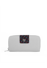 Gray wallet with a textured finish, featuring a black flap covered in colorful polka dots and a metal logo accent on the front.