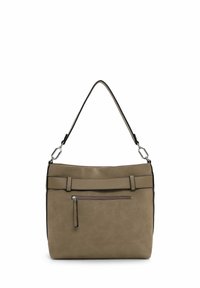 Khaki shoulder bag made of soft suede with a textured strap, a front zip pocket, and silver-tone hardware accents. Smooth finish.