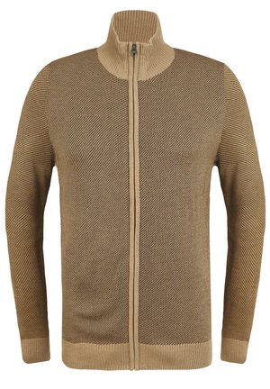 Brauner Zip-Pullover mit einem strukturierten Strickmuster, hohem Kragen und gerippten Bündchen. Frontreißverschluss mit passendem Stoffbesatz.