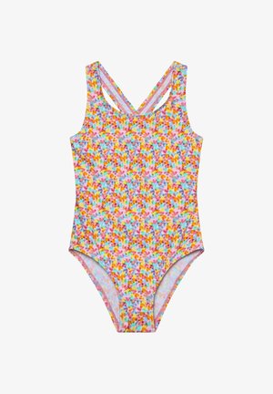 Mädchen-Badeanzug aus Nylonmischung, mit einem mehrfarbigen Herzmuster auf rosa Hintergrund, mit gekreuzten Rückenträgern und sportlichem Schnitt.