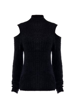 Pull noir à épaules dénudées, texture côtelée, col haut, manches longues, tissu doux, coupe ajustée, avec une apparence moelleuse et un design minimal.