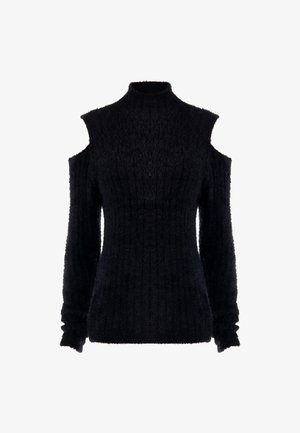 Schwarzer Cold-Shoulder-Pullover, gerippte Textur, hoher Kragen, lange Ärmel, weicher Stoff, figurbetonte Silhouette, mit luxuriösem Aussehen und minimalistischem Design.