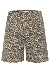 Shorts en denim taille haute à imprimé léopard avec bouton et fermeture éclair à l'avant, passants pour ceinture et poches avant.