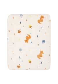 Weiche, cremefarbene Fleece-Decke mit verspielt orangefarbenen Füchsen, bunten Pilzen und verstreuten Punkten in Blau, Gelb und Orange.
