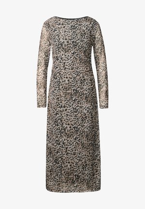 Langärmliges Kleid aus transparenter Stoff mit einem Tierdruckdesign in den Farbtönen Beige und Schwarz, lockere Passform und runder Ausschnitt.