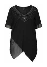 Haut noir à manches courtes avec un col en V, orné de strass au niveau du col, présentant des accents en tissu transparent et un ourlet asymétrique.