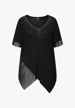 Zwarte top met korte mouwen en V-hals, versierd met strassstenen bij de halslijn, met transparante stofaccenten en een asymmetrische zoom.