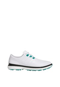 Białe buty golfowe z gładką syntetyczną cholewką, czarnym wykończeniem i teksturowaną podeszwą z akcentami w kolorze teal. Trzy paski po bocznej stronie.