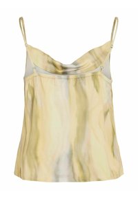 Camisola de satén en un suave amarillo con un patrón abstracto fluido; presenta finas correas ajustables y un escote suavemente curvado.