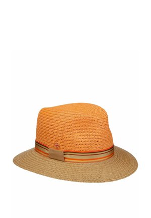 Orange woven fedora hat with wide beige brim and striped ribbon band with bow detail.