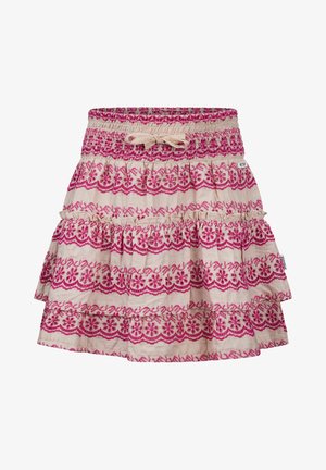 Katoenen rok met bloemenprint, smocktaille, in roze en wit, met ruches en een verstelbare strik bij de taille.