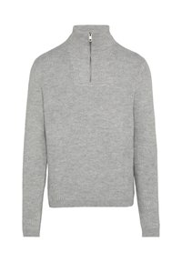 Grauer Rippenstrickpullover mit hochgeschlossenem Kragen und einem halben Reißverschluss, ausgestattet mit langen Ärmeln und einem geraden Saum.