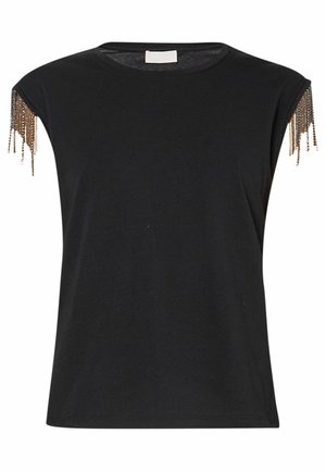 T-shirt nero a maniche corte con scollo rotondo e dettagli in frange di perline sulle spalle. Tessuto morbido, vestibilità rilassata, design semplice.