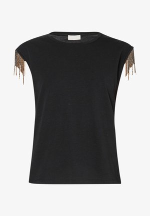 T-shirt nero a maniche corte con scollo rotondo e dettagli in frange di perline sulle spalle. Tessuto morbido, vestibilità rilassata, design semplice.