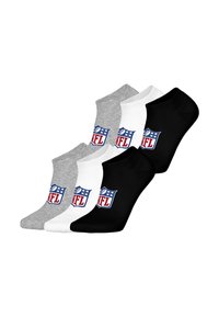 Vier Paar Knöchelstrümpfe aus grauer, weißer und schwarzer Baumwolle. Jeder Strumpf hat das NFL-Logo in Rot, Blau und Weiß auf der Vorderseite.