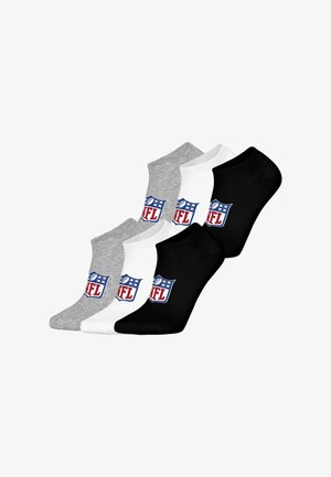 Four pairs of ankle socks in gray, white, and black cotton. Each sock features the NFL logo in red, blue, and white on the front.