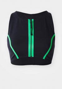 Čierny športový crop top s zelenými akcentmi a predným zipsom. Vyrobený z hladkého materiálu, má priliehavý strih s zakrivenými švami.