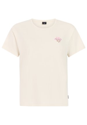 Offwhite T-shirt met korte mouwen en ronde hals, met een klein roze "PROTEST" logo en een decoratief icoon op de linkerborst.