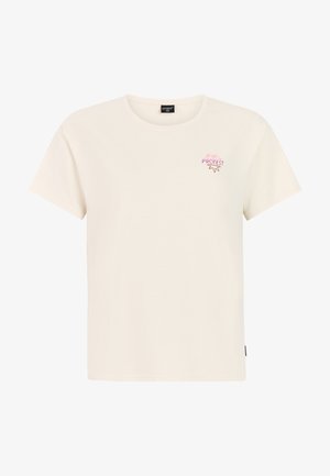 Offwhite T-shirt met korte mouwen en ronde hals, met een klein roze "PROTEST" logo en een decoratief icoon op de linkerborst.