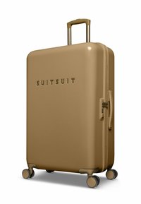 Hartschaft-Reisetasche in Beige mit matter Oberfläche, ausziehbarem Griff, vier Rollen und eingeprägtem Logo auf der Vorderseite. Mit Reißverschluss.