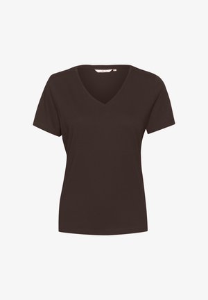 Hnedé tričko s výstrihom do V vyrobené z bavlny, s krátkymi rukávmi a hladkou textúrou. Jednoduchý dizajn bez vzorov alebo kovových detailov.