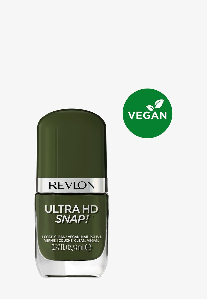 Revlon Ultra HD Snap nagellakflesje in een donkere groentint met veganistisch productlabel en 8 ml inhoud.