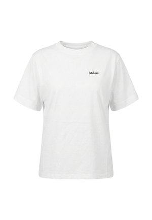 T-shirt blanc à manches courtes et col rond avec un petit texte noir "Gute Laune" sur le côté gauche de la poitrine, présenté sur un fond blanc uni.