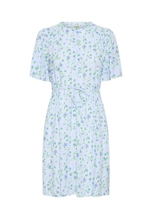 Hele sini lühikeste varrukatega kleit lilla ja rohelise lillemustriga, ümar kaelus ning vööga piha ümber.