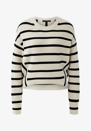 Pull en maille crème avec des rayures horizontales noires, manches longues, encolure ronde et texture côtelée.