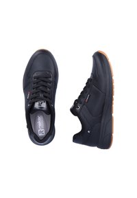 Black leather sneakers with a gum rubber outsole, featuring round laces, subtle logo accents, and a padded collar for comfort.